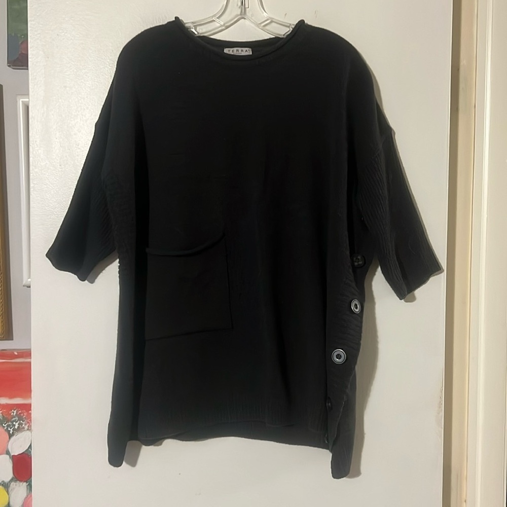 Terra oversized black sweater. patch pocket, elbow sleeve, side  button detail